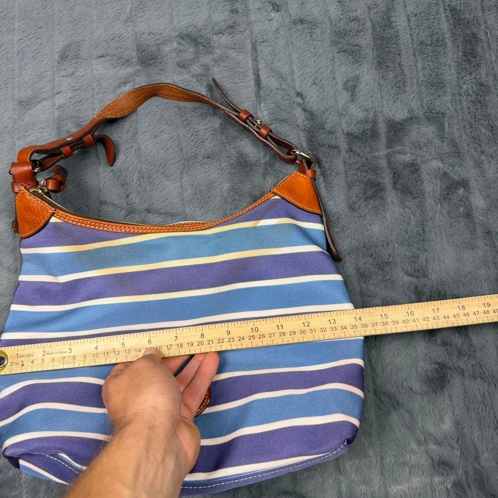 Dooney & Bourke Striped Canvas Hobo Bag Blue Purple Leather Trim Shoulder Bag